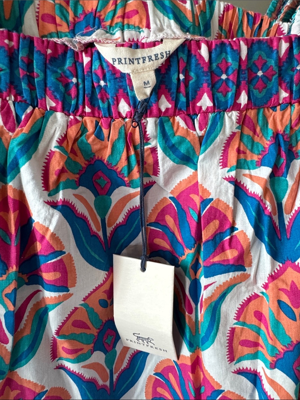 NWT Printfresh Multicolor Smocked Square-Neck Puff Sleeve Blouse MED - Picture 2 of 5